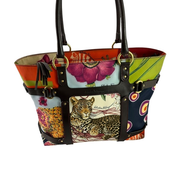 Genuine SALVATORE FERRAGAMO Multicolor Nylon Animal Print Tote Bag Made In Italy - Picture 6 of 15